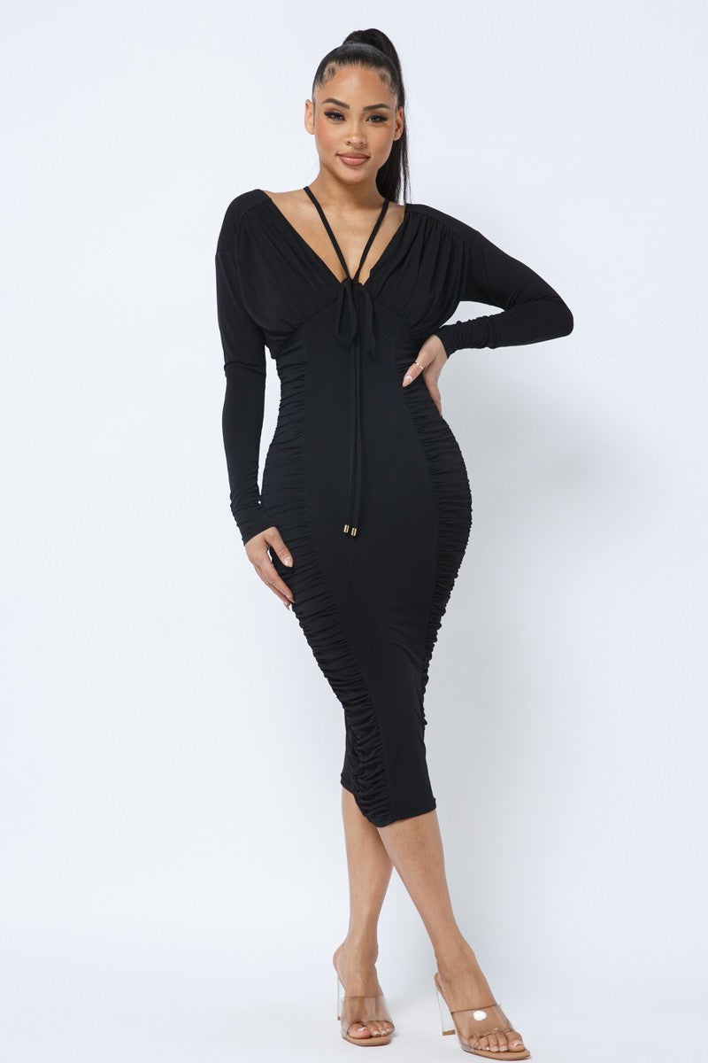 Long Sleeve Ruching On Sides & Chest Mid Dress