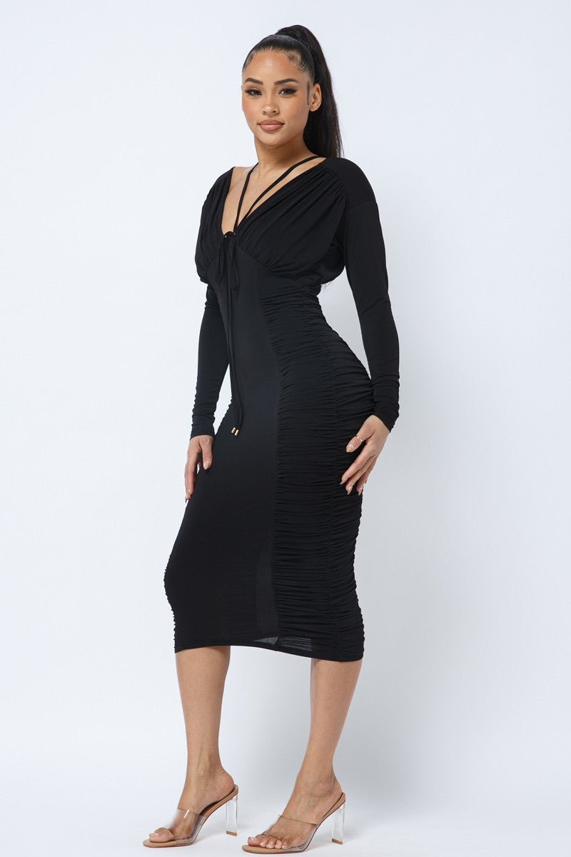 Long Sleeve Ruching On Sides & Chest Mid Dress