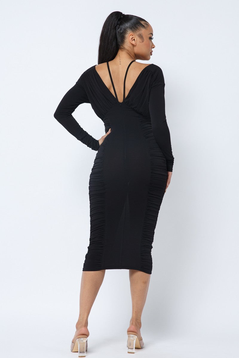 Long Sleeve Ruching On Sides & Chest Mid Dress