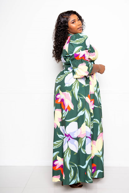 Long Flowy Floral Puff Sleeve Button Front Dress