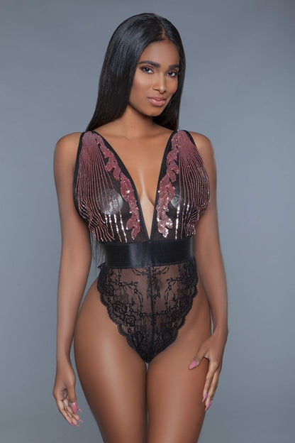 Raspberry-pink Sequined Sheer One Piece