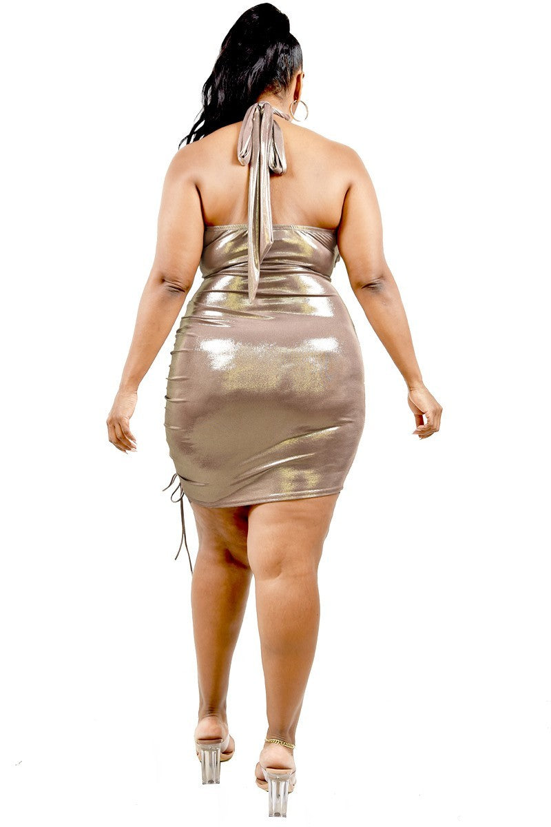 Curvy Metallic Cross Wrap Halter Mini Dress