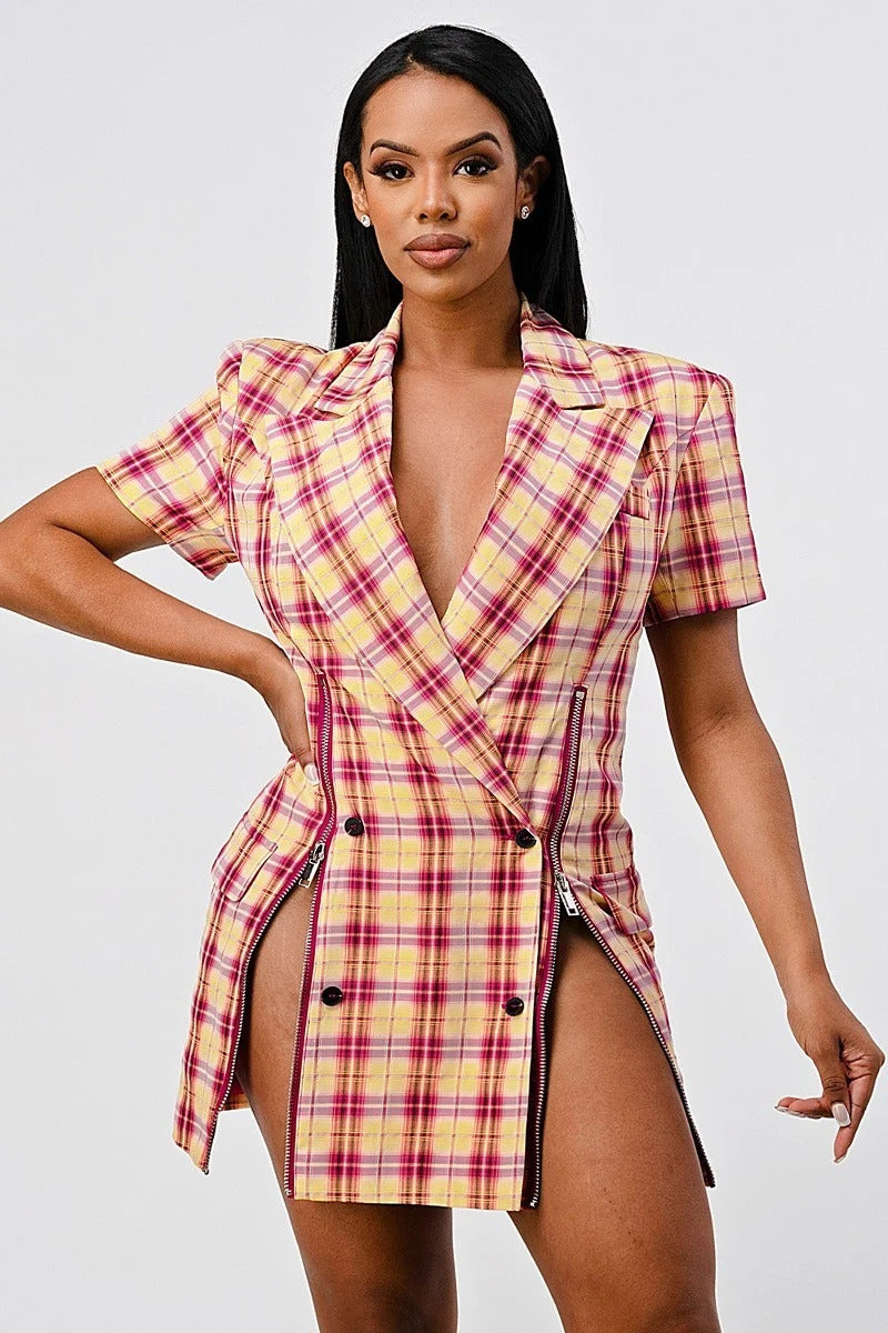 Collared Plaid Blazer Mini Dress with Splits