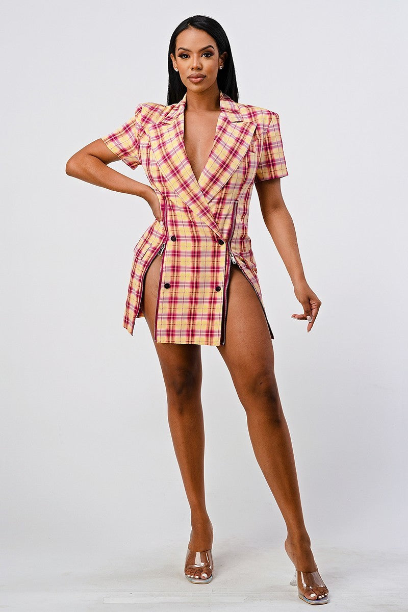 Collared Plaid Blazer Mini Dress with Splits