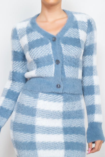 Plaid Fuzzy Knit Cropped Sweater Cardigan
