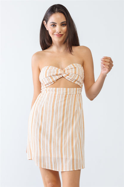 Strapless Apricot Stripe Print Twist Cut-out Back Mini Dress