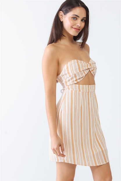 Strapless Apricot Stripe Print Twist Cut-out Back Mini Dress