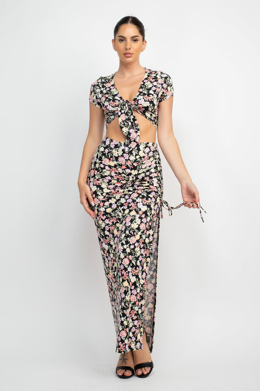 Floral Two Piece Top & Ruched Maxi Skirts Set