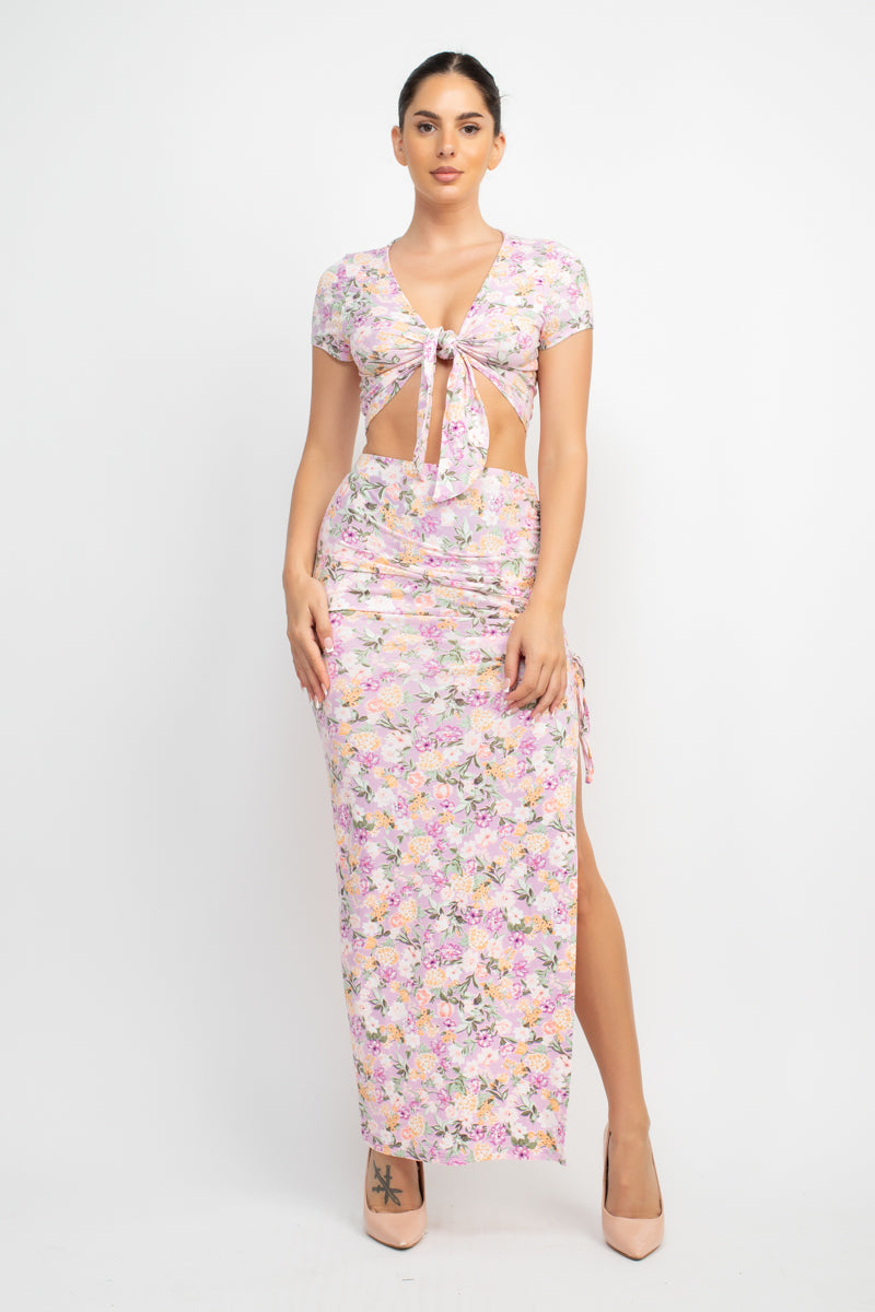 Floral Two Piece Top & Ruched Maxi Skirts Set