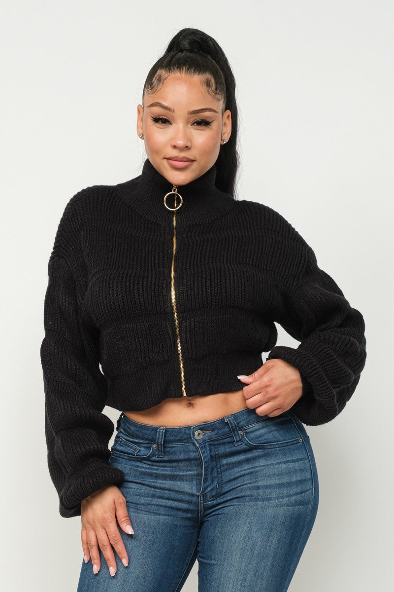Michelle Sweater Collar Top W/ Front Zipper and Puff Sleeves