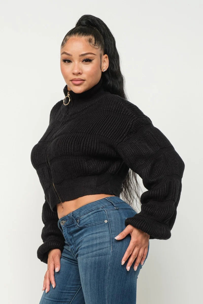 Michelle Sweater Collar Top W/ Front Zipper and Puff Sleeves