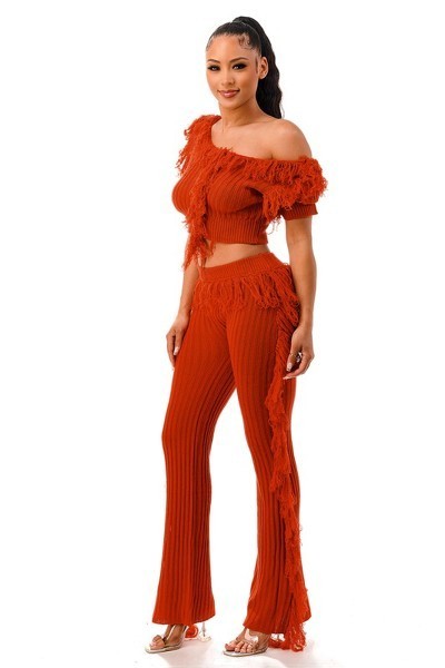 Party Time Solid Rust Fringe Pants Set