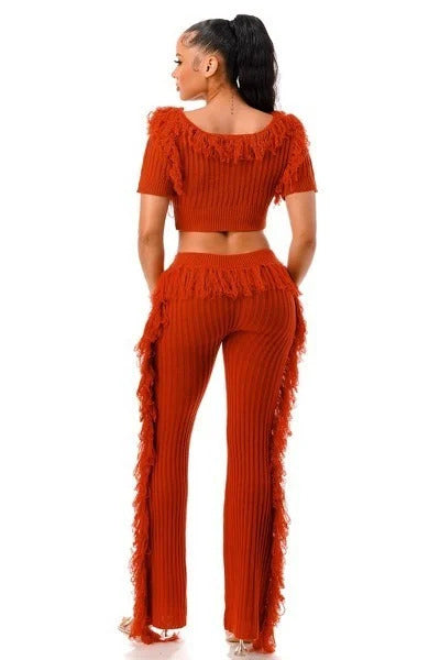 Party Time Solid Rust Fringe Pants Set