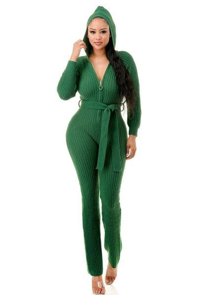 Thick Knit Green Long Sleeve Hooded Jumpsuit