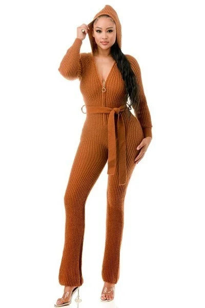 Thick Knit Mocha Long Sleeve Hooded Jumpsuit