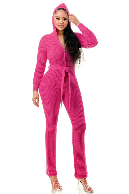 Thick Knit Pink Long Sleeve Hooded Jumpsuit