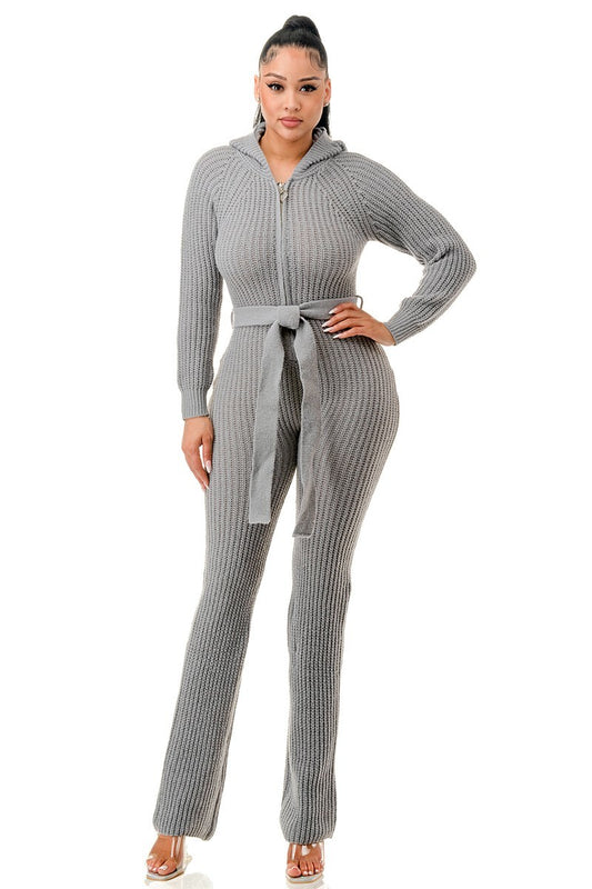 Thick Knit Grey Long Sleeve Hooded Jumpsuit