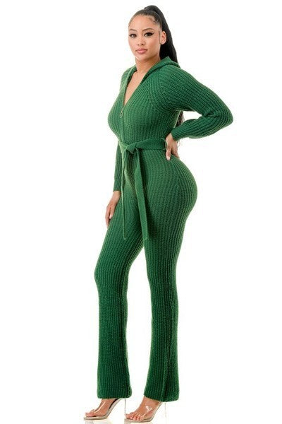 Thick Knit Green Long Sleeve Hooded Jumpsuit