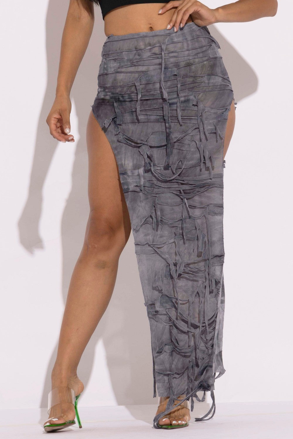 Grey Distressed Thigh Slit Long Skirt