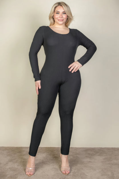 Plus Size Ribbed Scoop Neck Long Sleeve Jumpsuit