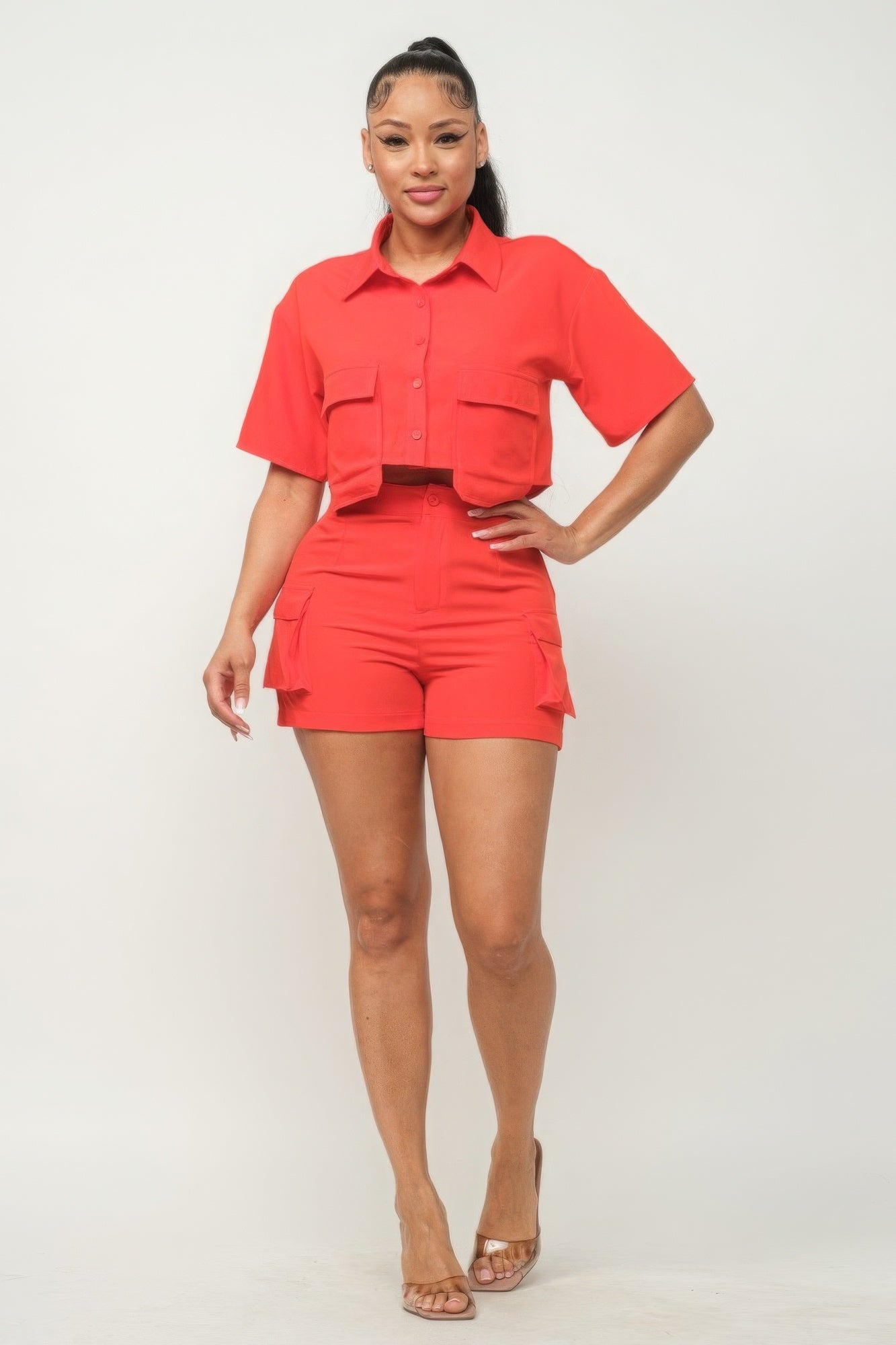Button Down Crop and Pocketed Shorts Set