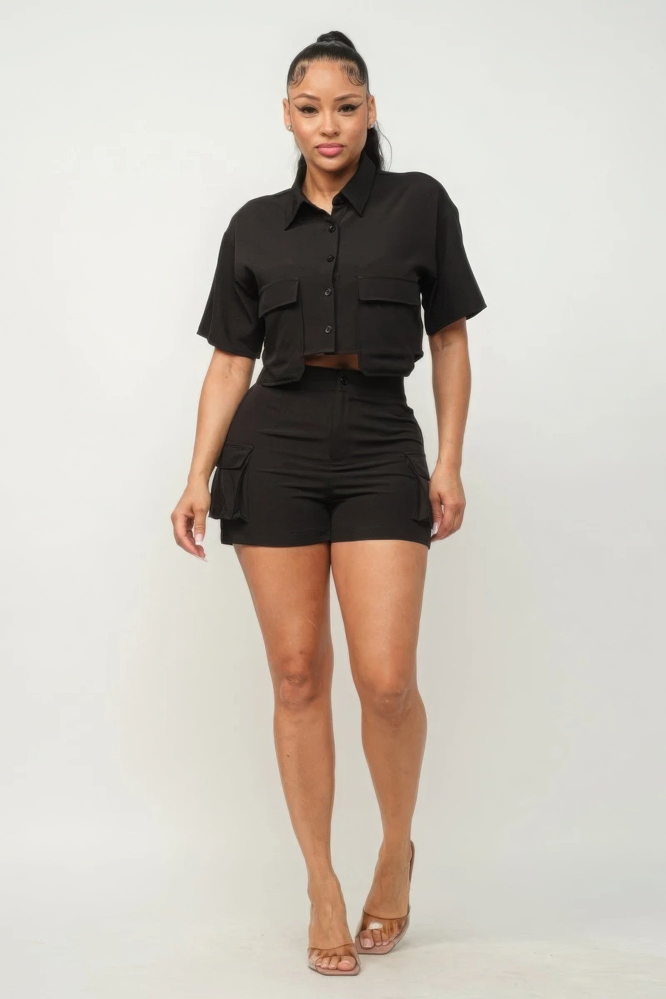 Button Down Crop and Pocketed Shorts Set