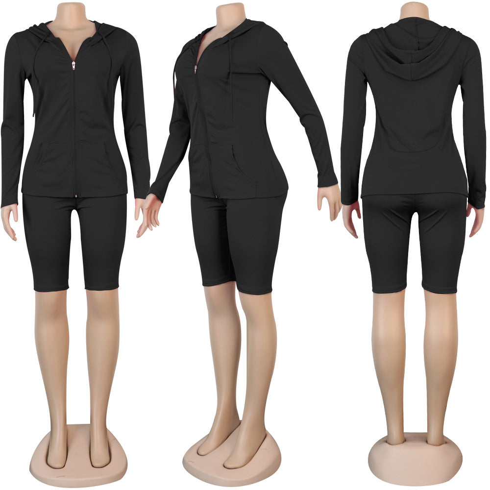 Long Sleeve Hooded Zipper 2 Piece Shorts Set - Jus Fancee Boutique