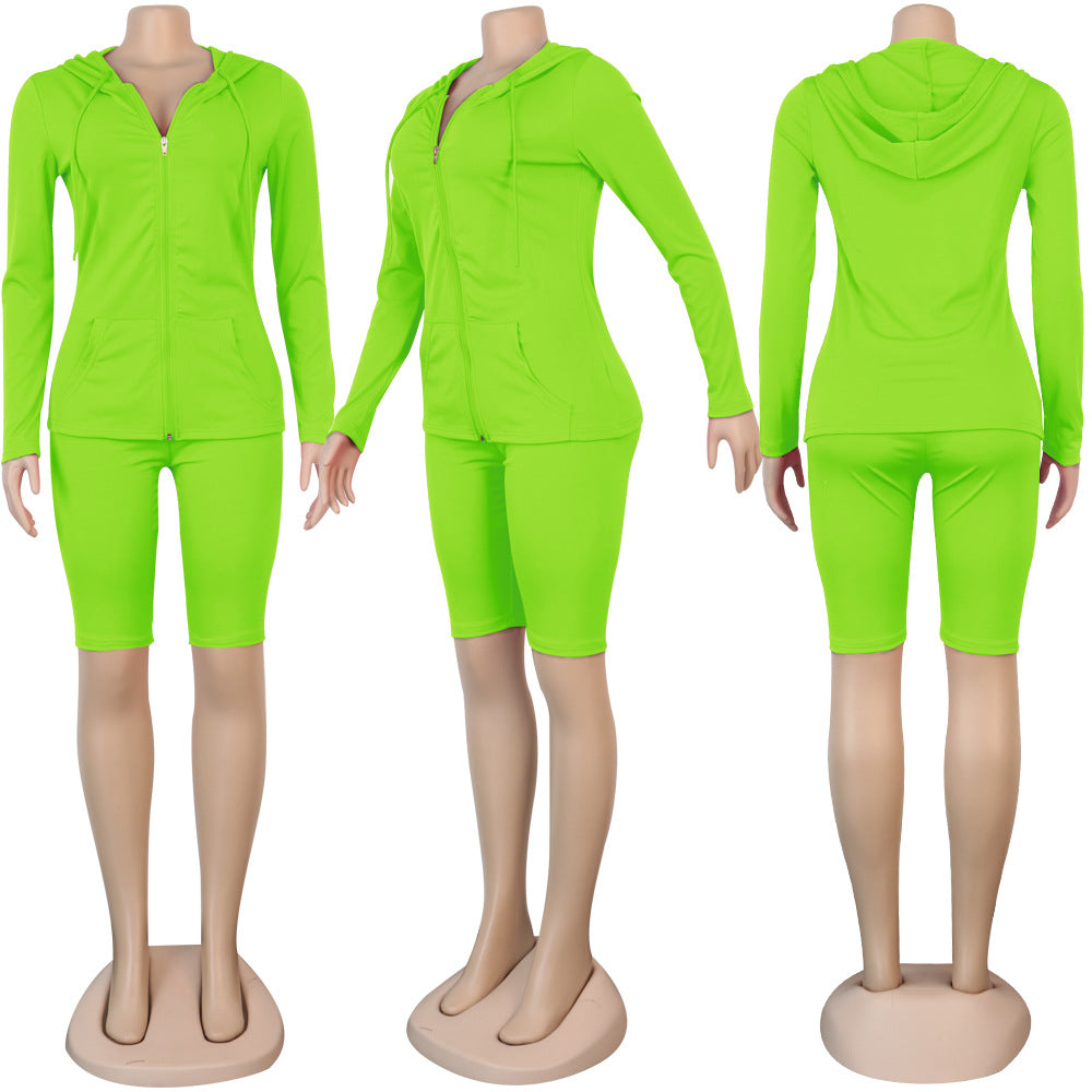 Long Sleeve Hooded Zipper 2 Piece Shorts Set - Jus Fancee Boutique