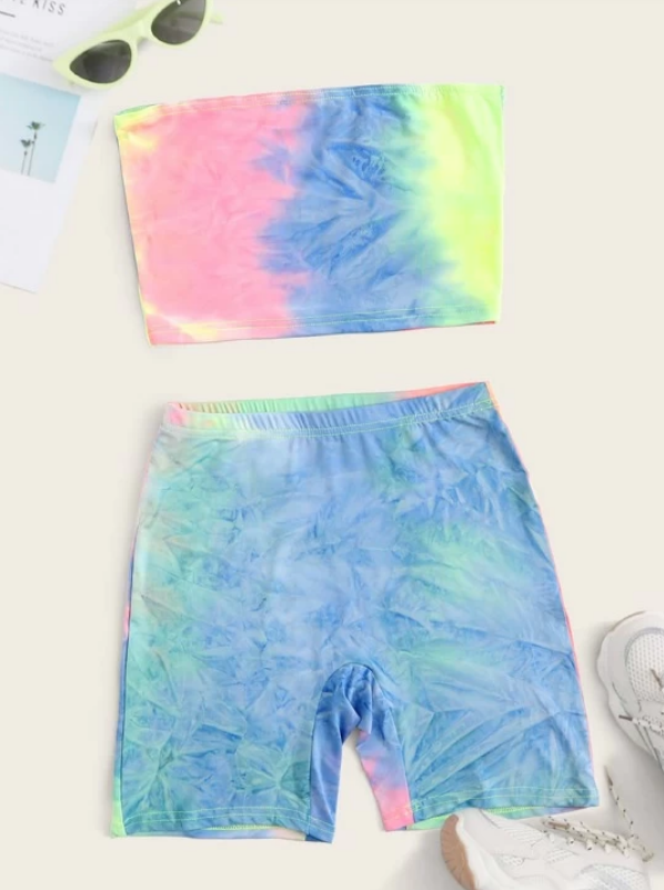 Tie Dye Crop Bandeau Top With Shorts (M) - Jus Fancee Boutique