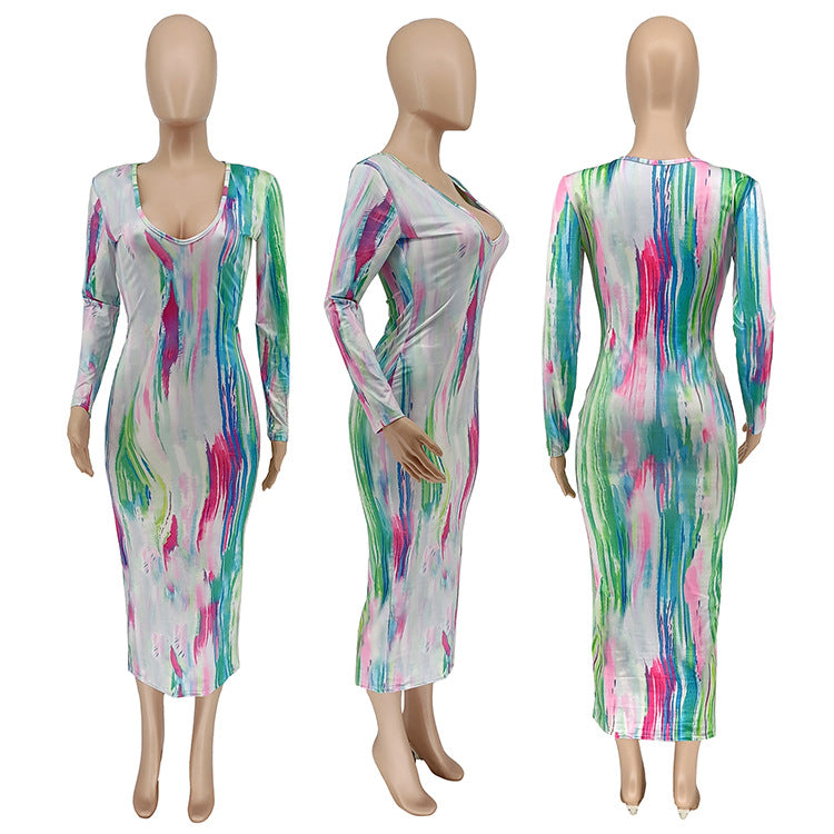 Colorful Printed Long Sleeve Maxi Dress