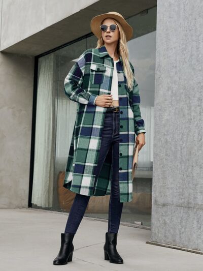 Plaid Pocketed Button Up Trench Coat