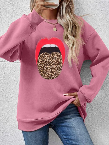 Leopard Lip Graphic Round Neck Sweatshirt