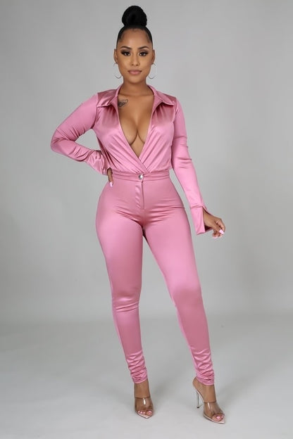 Pink Satin Bodysuit and Pants Set - Jus Fancee Boutique